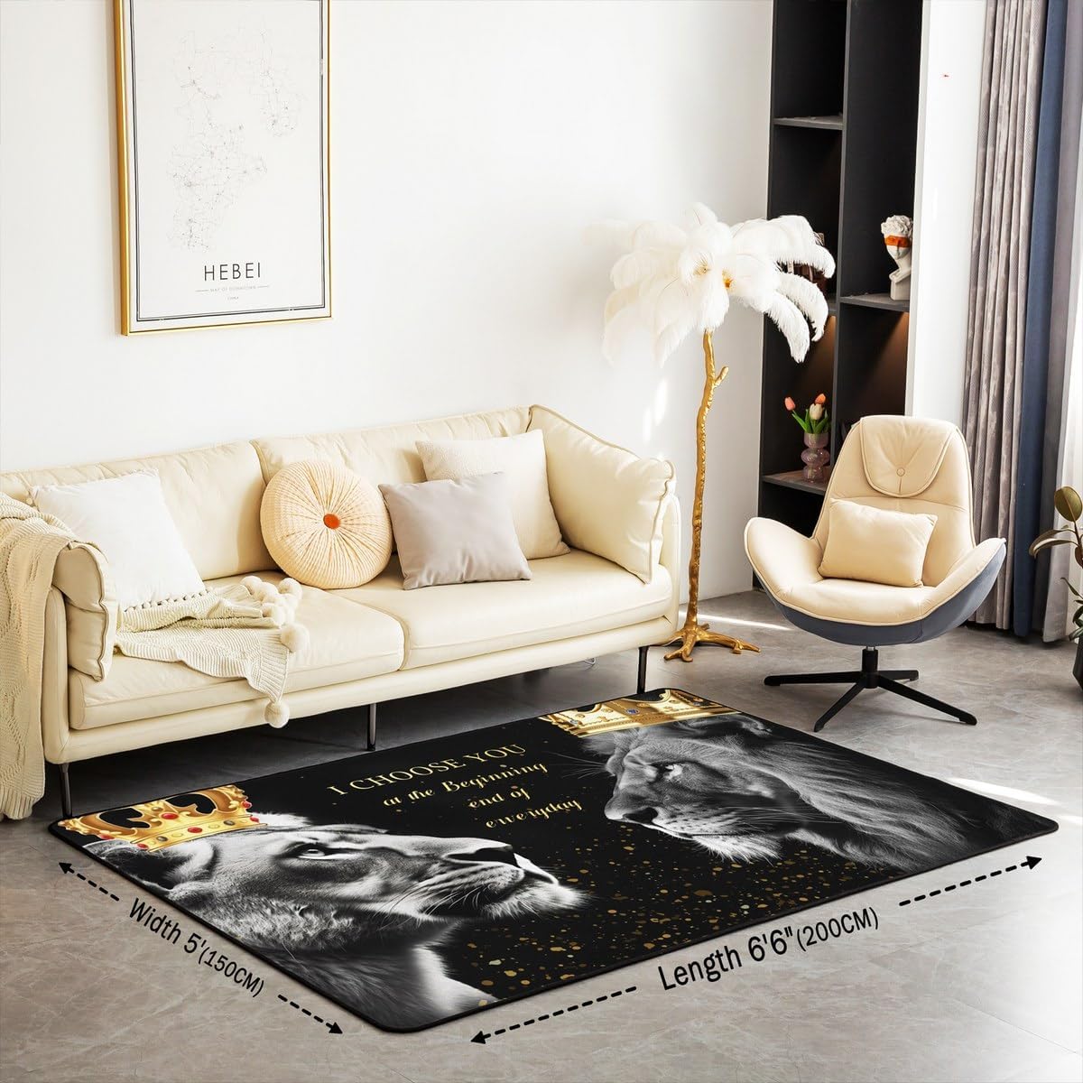 Lion Decorative Carpet Area Rug,Wild Lions Couple Living Room Rugs for Bedroom Queen King Crown Area Rug Valentine's Day Balck Carpet Kitchen,5x6'6''