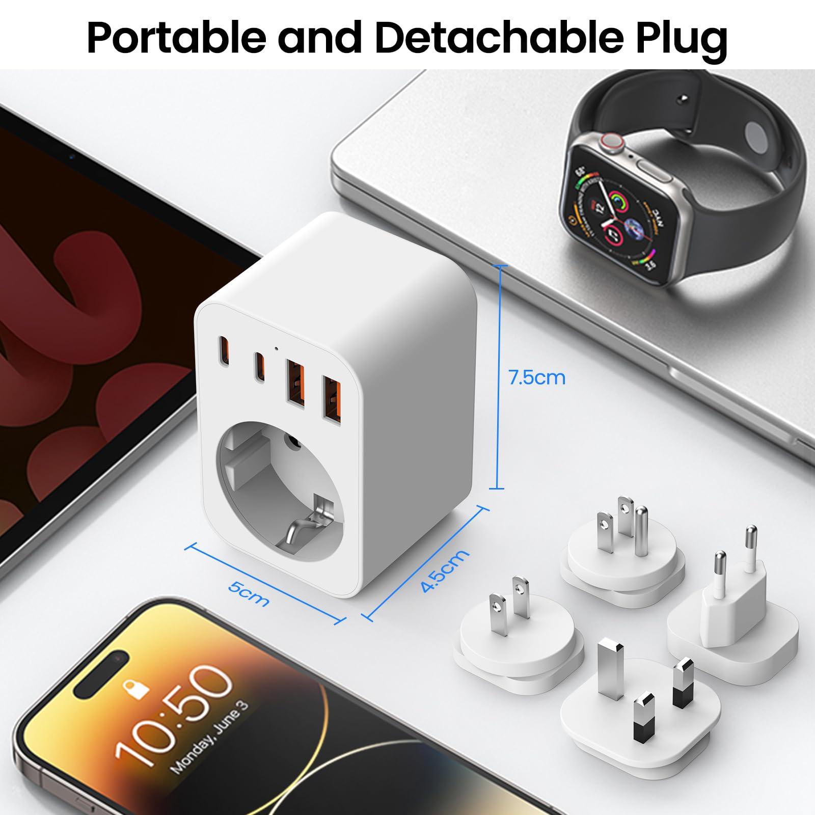 Adaptateur de Voyage Mondial, 4 Prises de Voyage Amovibles Travel Adapter, Adaptateur de Voyage vers USA/UK/Japan/Europe, Adaptateur Type A/B/G/C International avec 2 USB C/2 USB A//1 AC