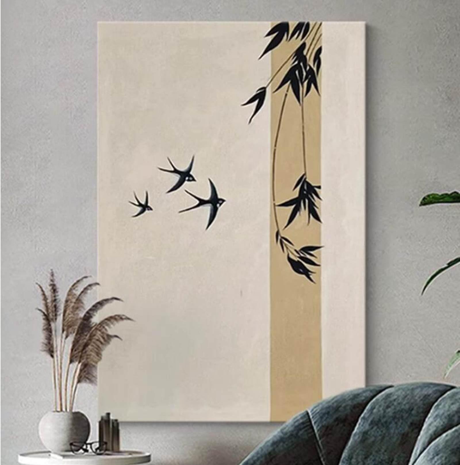 Art peint à la main motif d'hirondelle abstrait pour mur de chambre cocooning