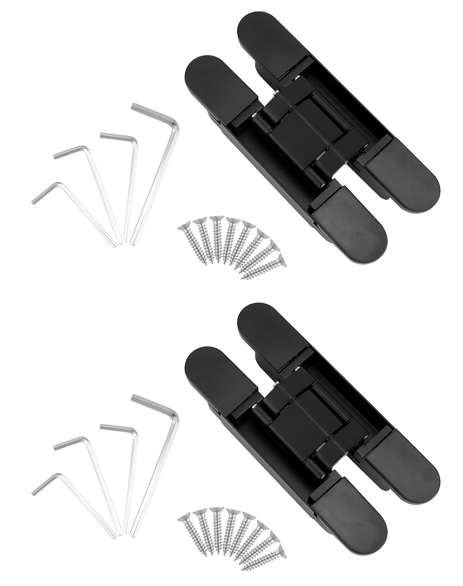 QWORK Bisagras de puerta ocultas ajustables (paquete de 2) en negro elegante, aleación de zinc de 6 pulgadas, ajuste de 3 vías, oscilación de 180 grados, para puertas de hasta 850 mm de ancho y 88