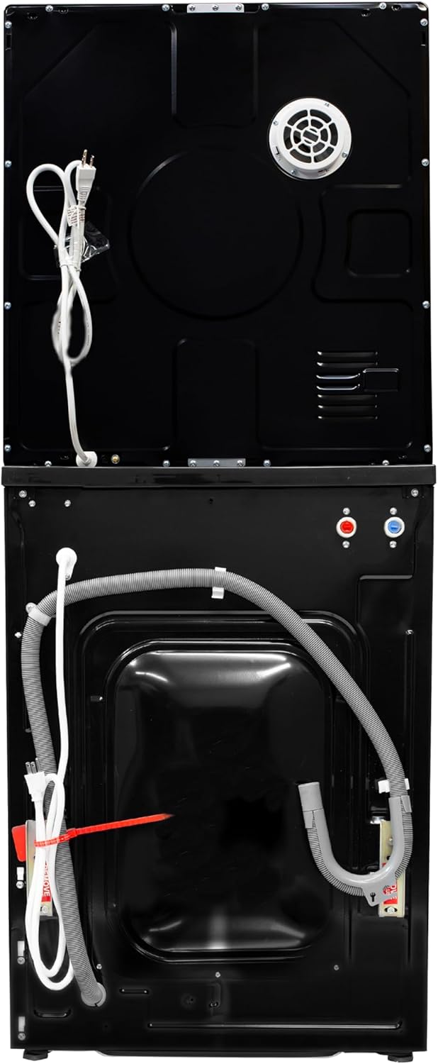 Rear view of the stacked washer and dryer unit, showing electrical cord, water inlet hoses (red and blue), and drain hose connections.