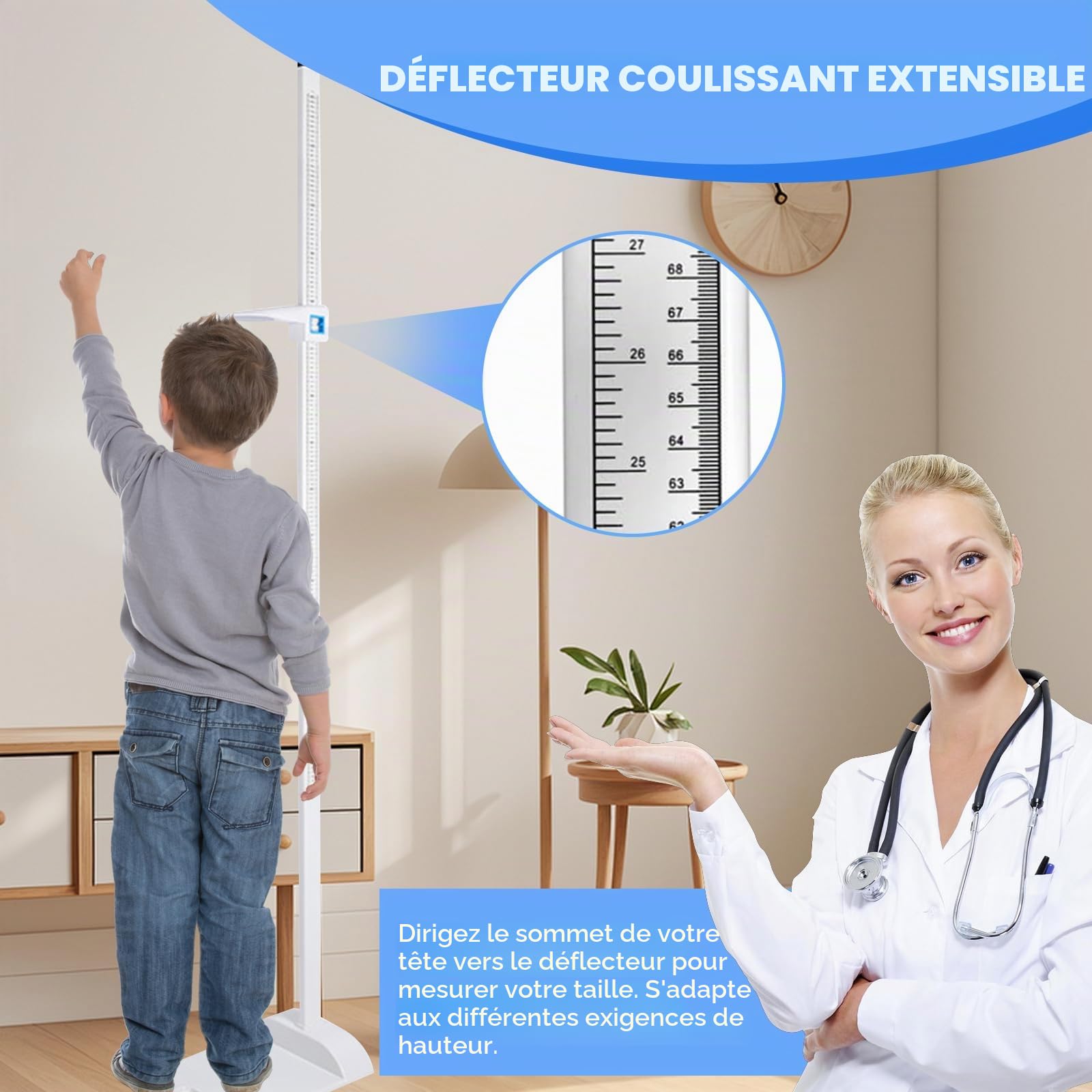 Jauge de hauteur Stadiomètre portable,altimètre pour examen médical,Double affichage avec plage de mesure de 20 à 210cm Convient aux cabinets médicaux,à la maison et aux salles Sport