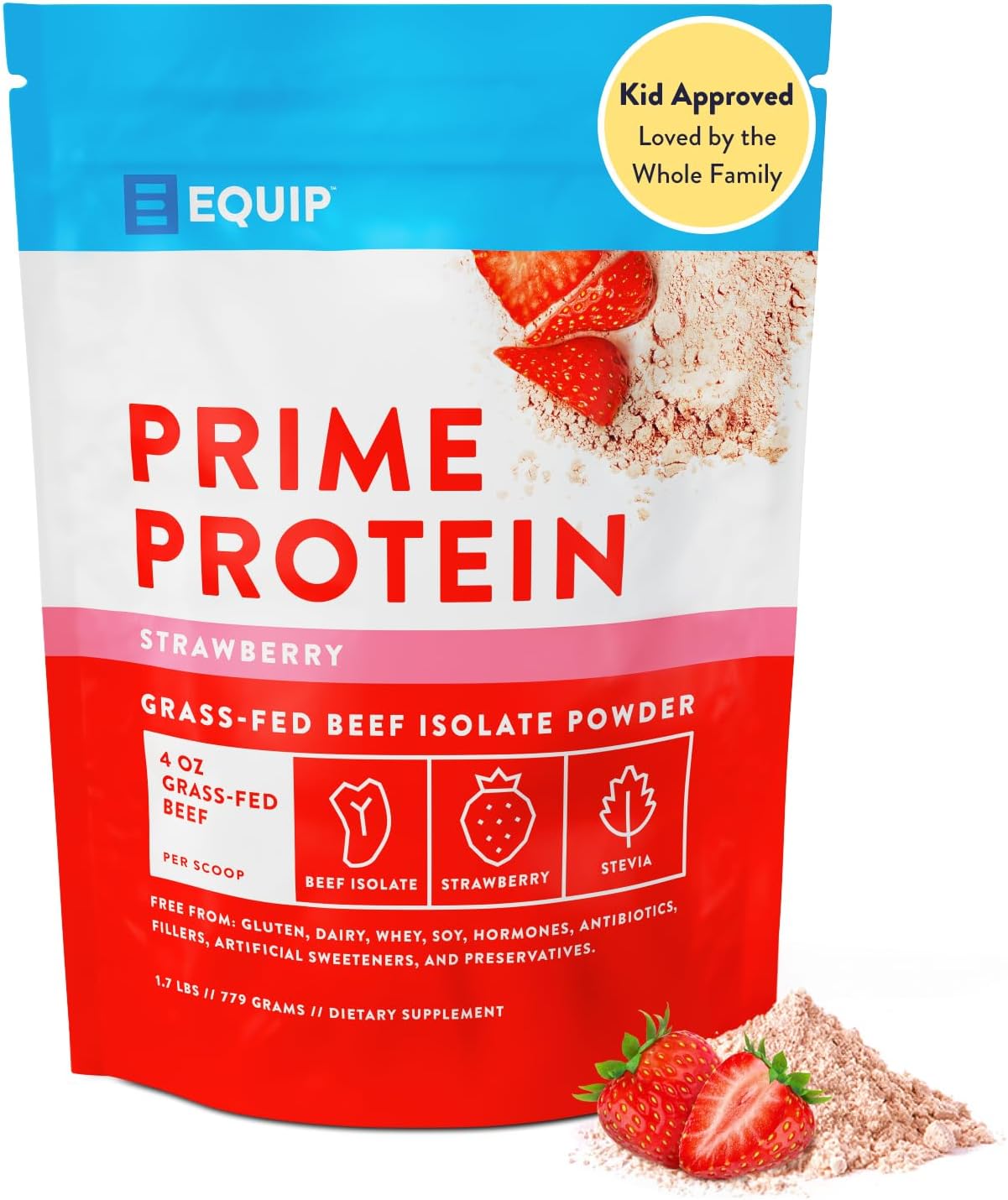 Equip Foods Prime Protein - Grass-Fed Beef Protein Powder Isolate -Paleo and Keto Friendly, Gluten Free Carnivore Protein Powder - Strawberry, 1.7 Pounds - Helps Build and Repair Tissue