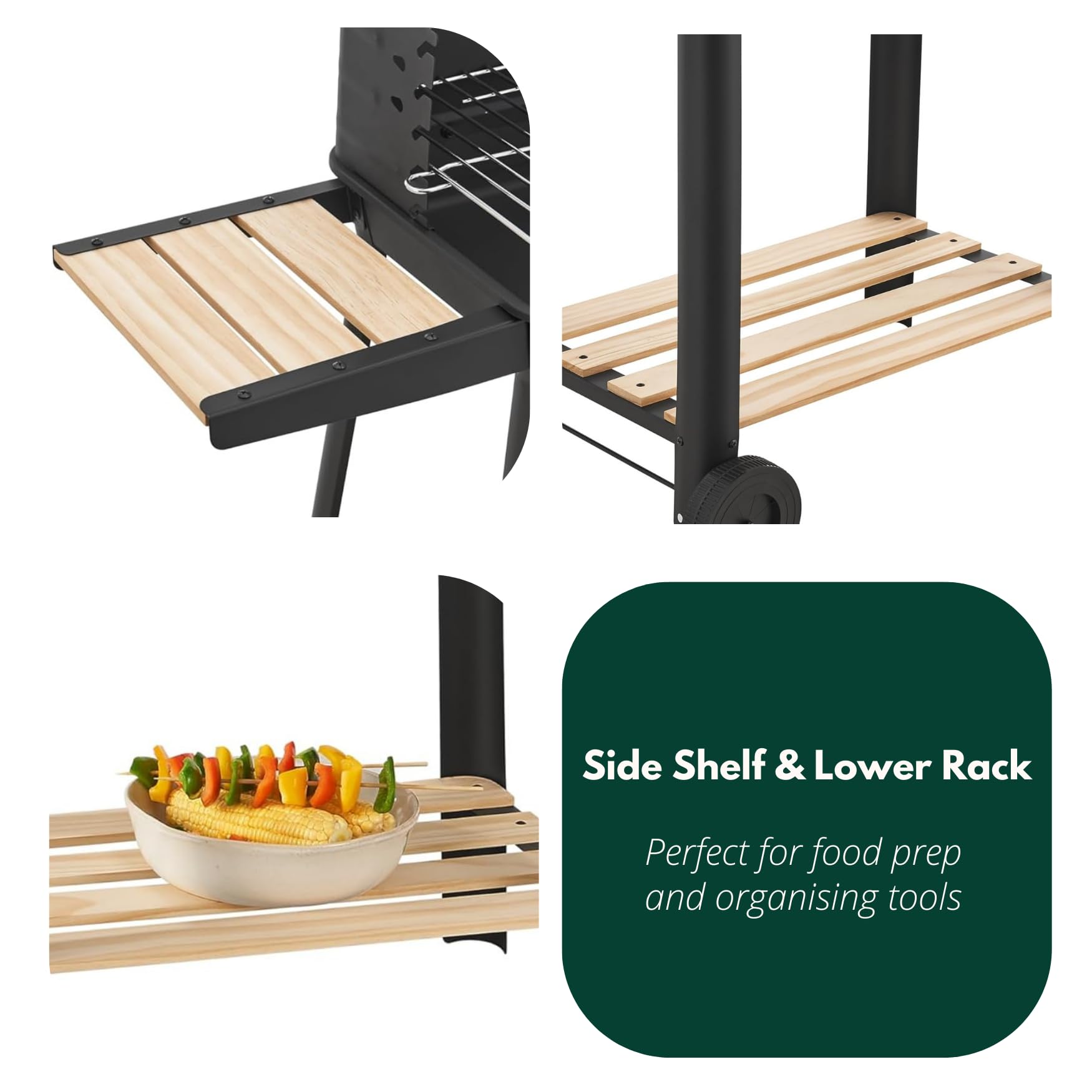 Garden Mile Parrilla de carbón con ruedas – Barbacoa de acero portátil grande con estantes de madera, altura ajustable, ahumador al aire libre para jardín, patio y cocina al aire libre