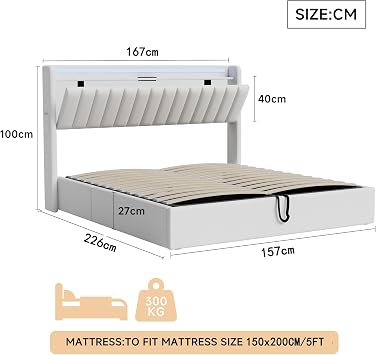King Size Bed with Storage, 5ft Ottoman Bed Frame with Headboard & Hydraulic, Upholstered Bed with LED-Lighting & Charging-Station, PU, 150x200 cm, White, No Mattress