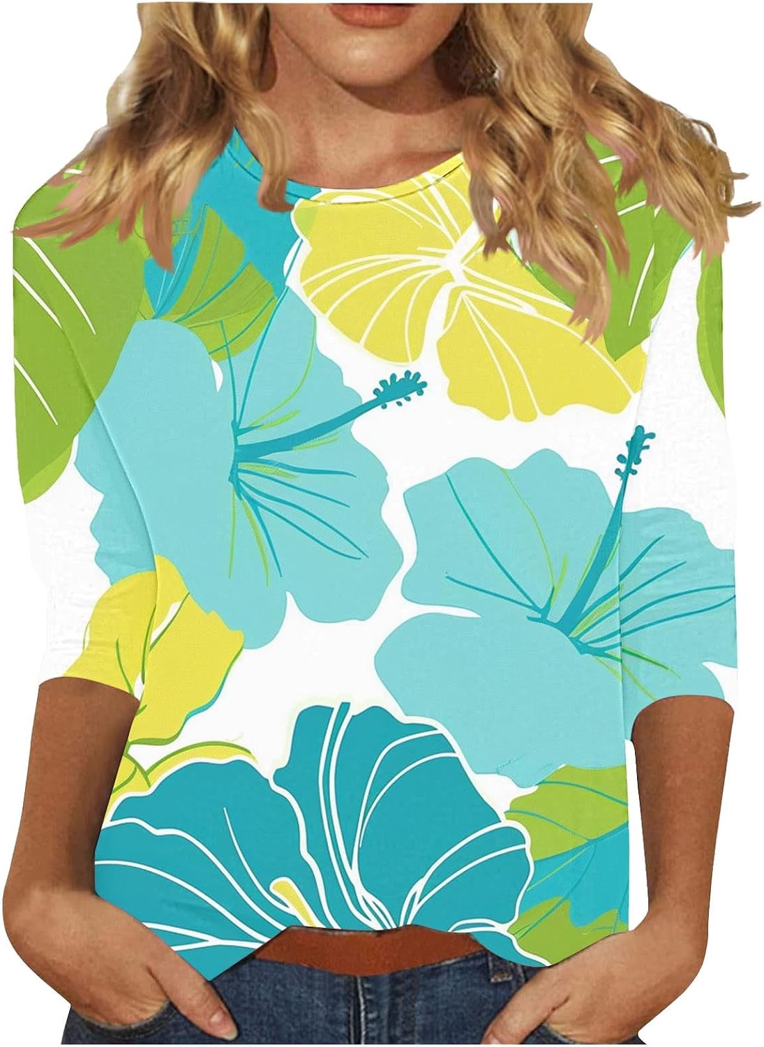 Womens Summer Hawaiian Shirts 3/4 Length Sleeve Tropical Print Tops Round Neck Three Quarter Length Sleeve Blouses