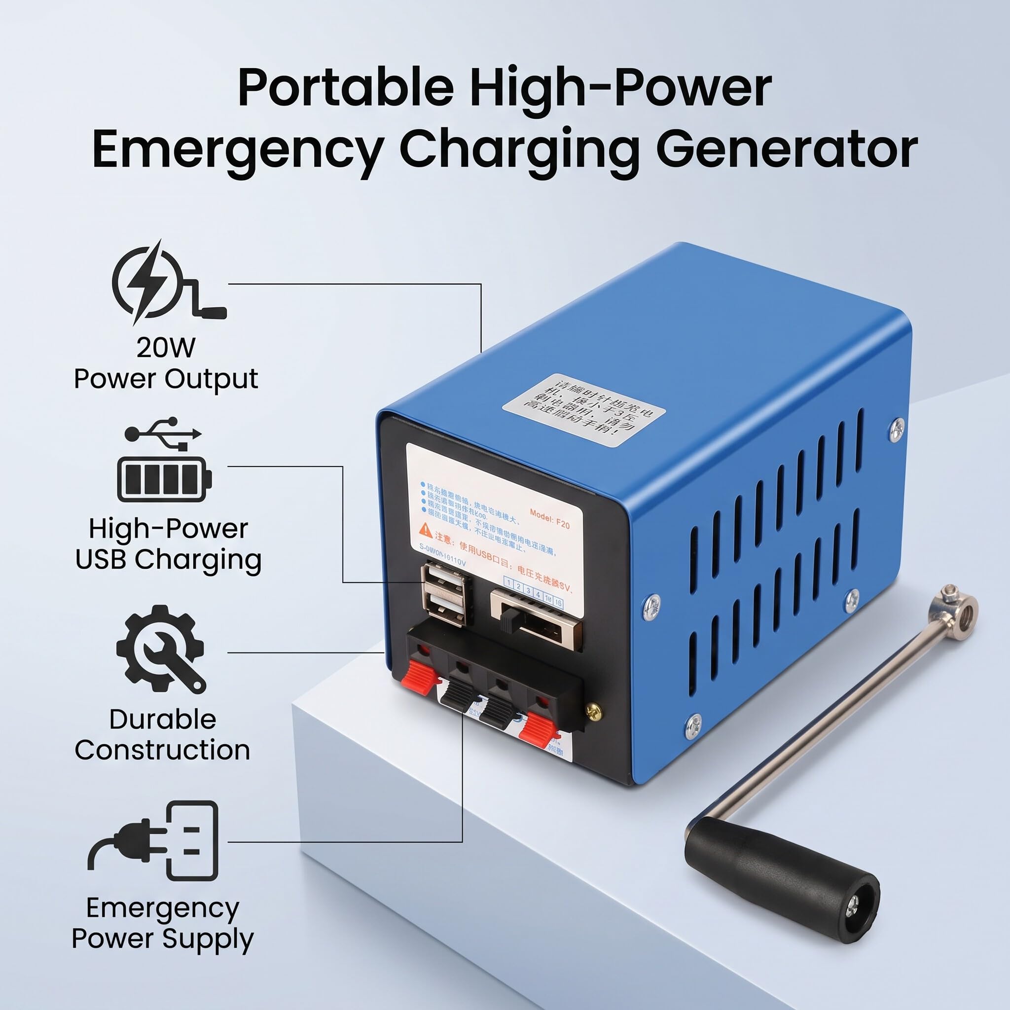 Przenośny generator korby 20 W 2000 obr./min z USB do komunikacji awaryjnej, turystyki, zasilania awaryjnego