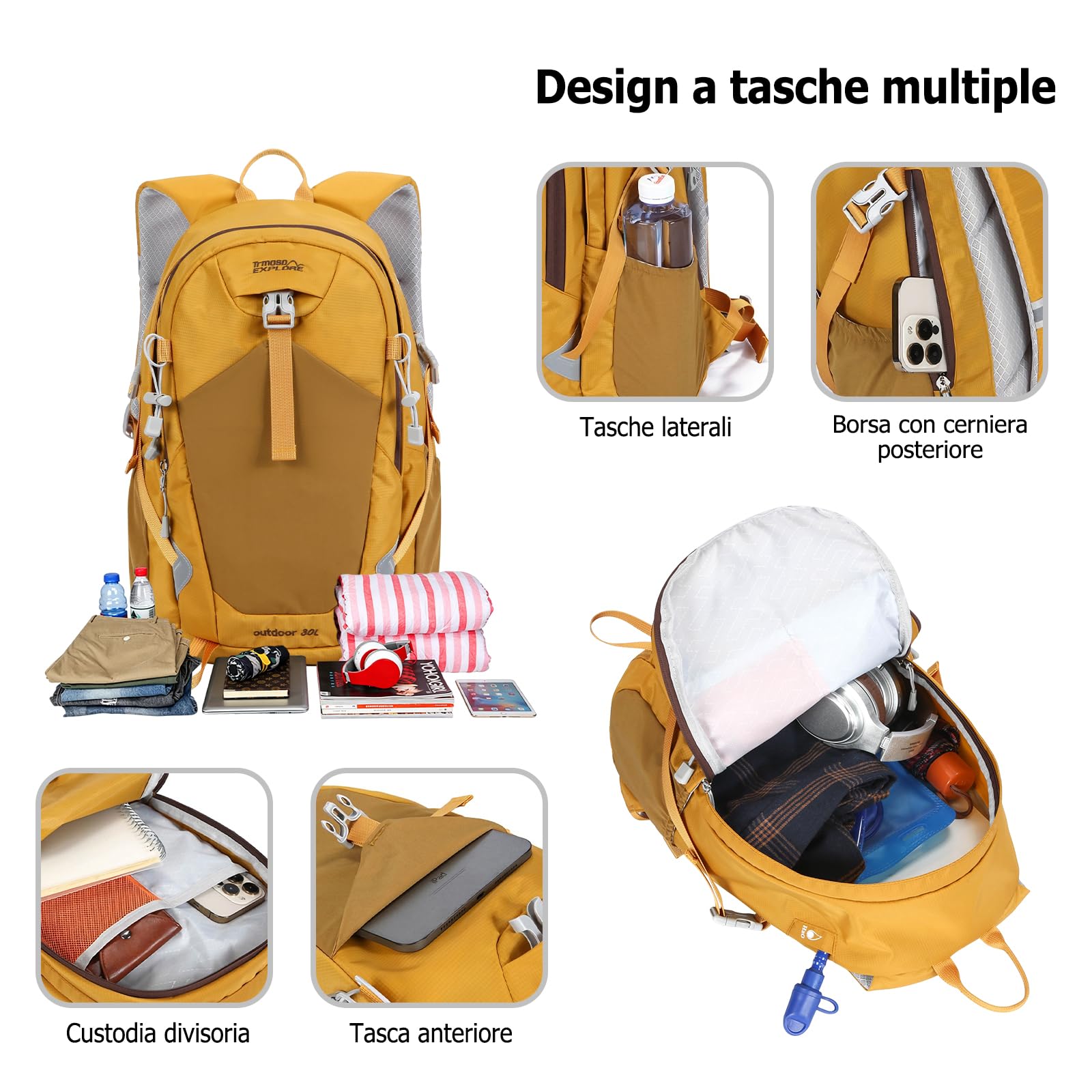 Zaino da Trekking 30L Zaino da Giorno Outdoor Idrorepellente Zaini Leggero con Strisce Riflettenti Molteplici Tasche Backpack Viaggio per Alpinismo Campeggio Uso Quotidiano Giallo