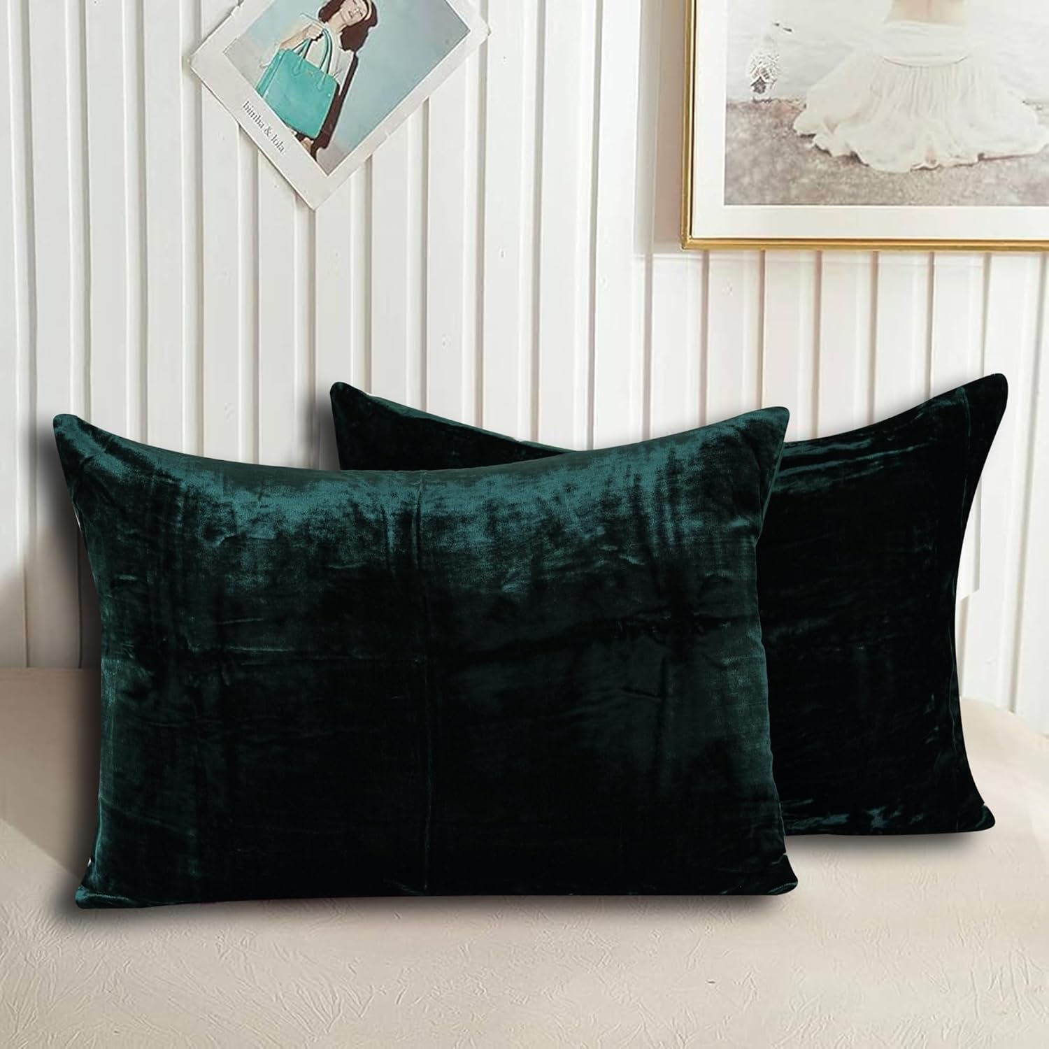 Luxe Boho Decor Art Pillowcase Set Solid Hippie Stylish UO Large Unique Velvet Pillow Cover Set of 2 (Dark Green, 24x24 Inches)