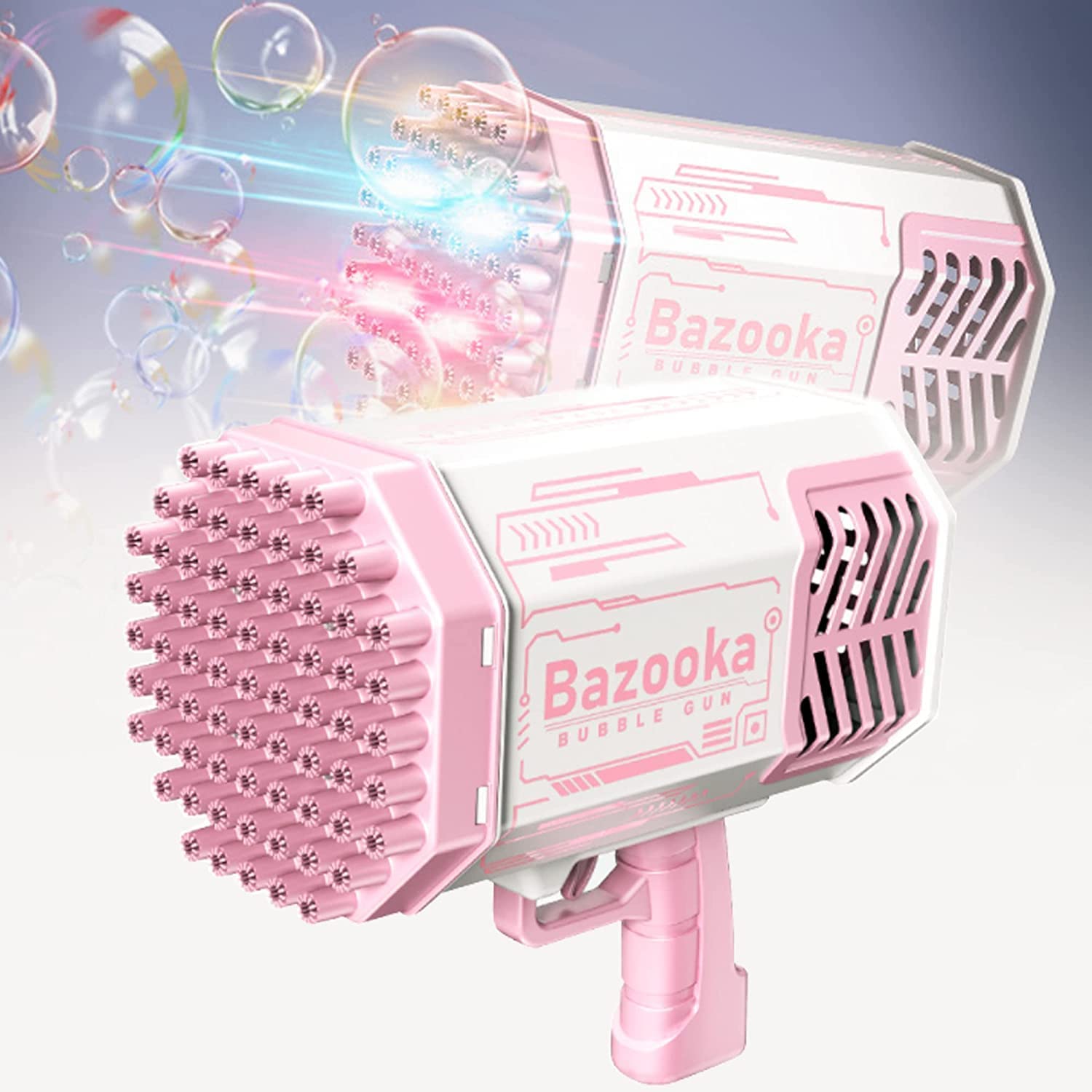 QINGBAO Upgraded Bubble Machine Guns, Bubble Makers with Lights, 69 Holes Bubbles Machine Gun for Kids, Summer Toy Outdoor Indoor Birthday Wedding Party (Pink)