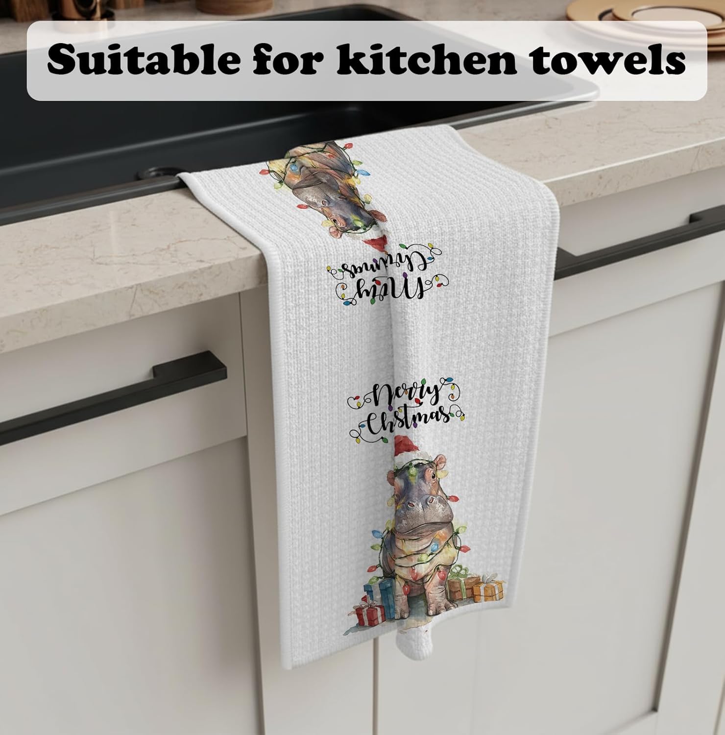 Christmas Hippo Kitchen Hand Towels,Christmas Decorations Tea Towels Dish Rags,Gifts for Women Hippo Lovers,Xmas Kitchen Bathroom Decor,16x24 Inch - Image 5