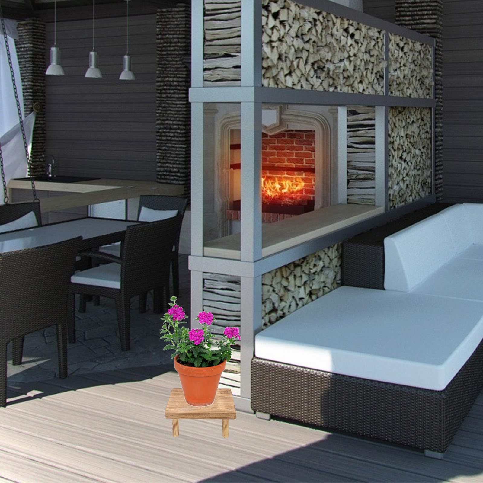 Portavaso in Legno Marrone, Sgabello Quadrato per Balcone e Giardino