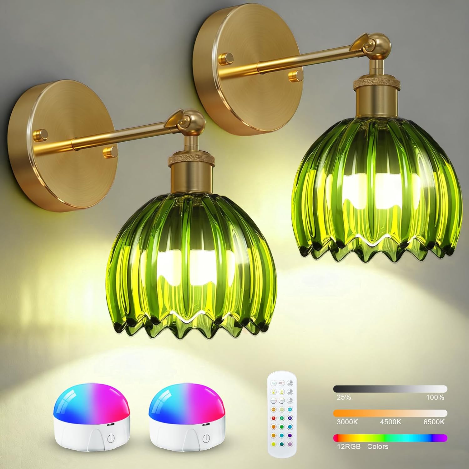 Vintage Battery Operated Wall Sconces Set of Two, with Green Tulip Glass Lampshade, Wireless Rechargeable Battery Powered Wall Light for Bedroom Living Room Bathroom Hallway Home Decor