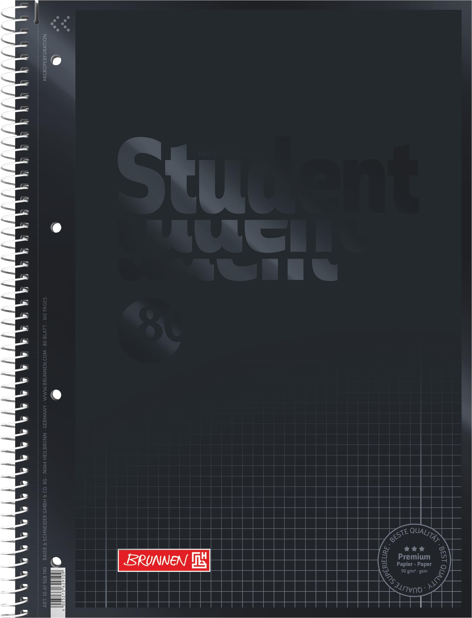 BRUNNEN1067928190 notebook, student notepad (square, A4, line: 28, 90 g/m², 80 sheets) black