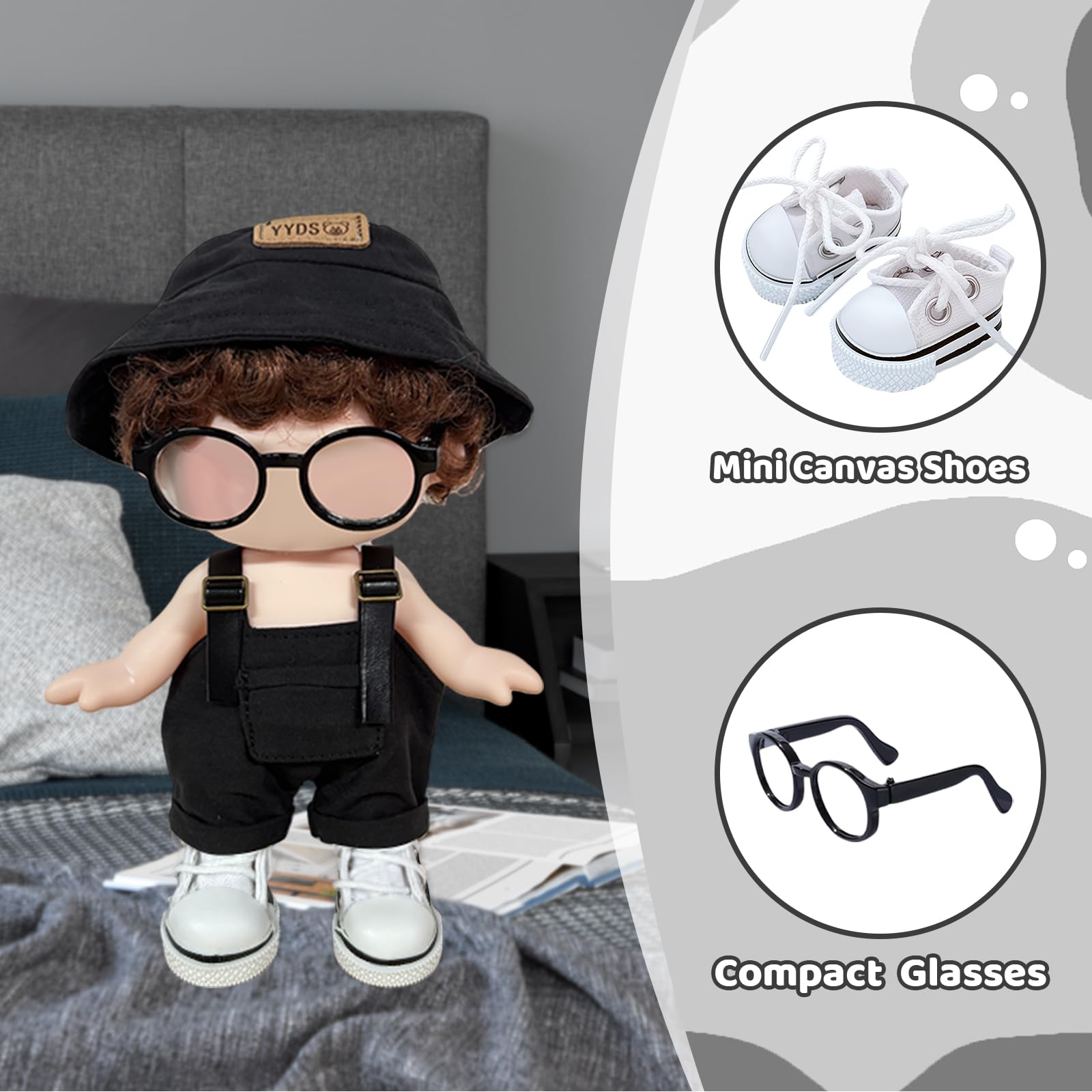 Mrltau Intellectual Style Doll Clothes Accessory Set: Black Round Glasses & Classic Sneakers for 15/17 cm Vinyl Plush Doll - Image 3
