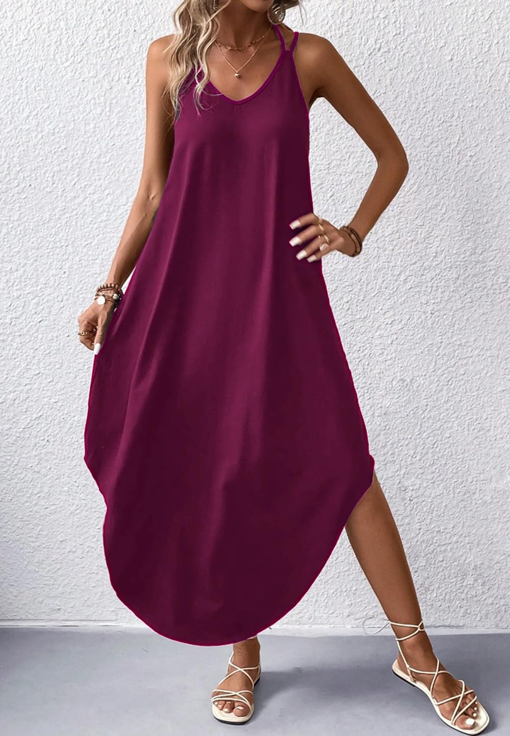 Chicrise Vestidos de Mujer Sin Mangas Largo Maxi Vestido Cuello V Sexy Vestido Playa Fiesta Fashion Morado Grande 42-44