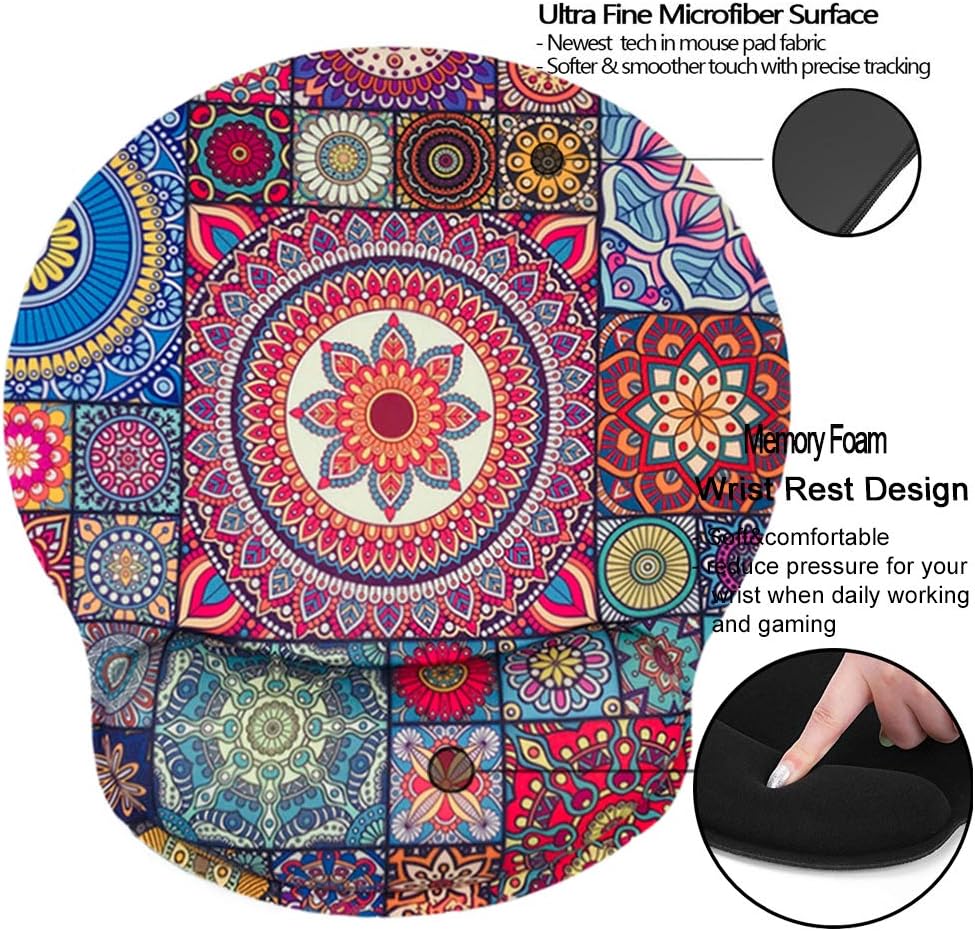 Memory Foam Mousepad with Wrist Support Design Ergonomic Mouse Pad Comfortable Wrist Rest Non-Slip PU Base Mouse Mat (Mandala Round)