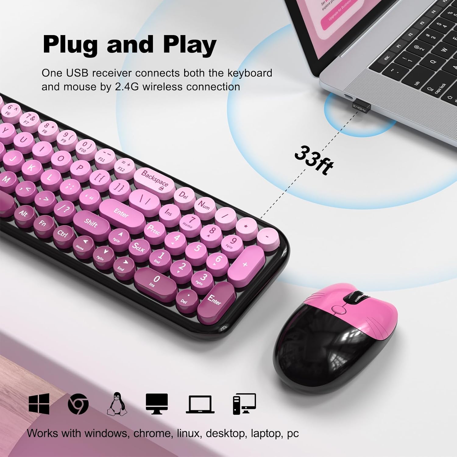Dilter Wireless Keyboard and Mouse Combo, Portable Retro Keyboard with Compact Size, 2 in 1 USB Connected Mouse for Windows 7/8/10, Laptop, Desktop, PC, Computer (Black Pink)