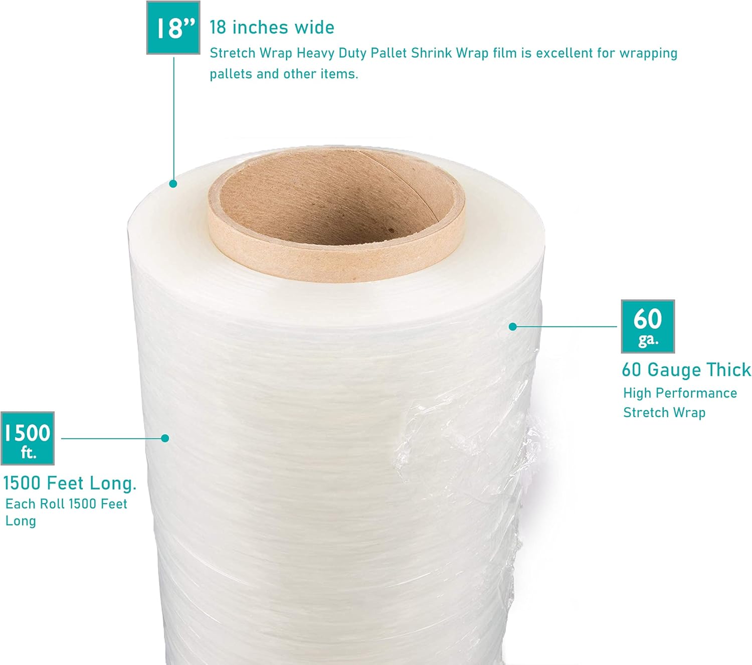 18” x 1500 ft Stretch Wrap Heavy Duty 60 Gauge High Performance Stretch Film Packing Moving Packaging Stretch Wrap 4 Rolls