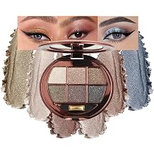 Neutral Champagne Taupe Shimmer Eyeshadow Palette with Mirror and Sponge Applicator, 6 Colors High Pigment Frost Shimmery Everyday Eye Shadow Makeup for Older Women, Brightening Eye Travel Size 02#