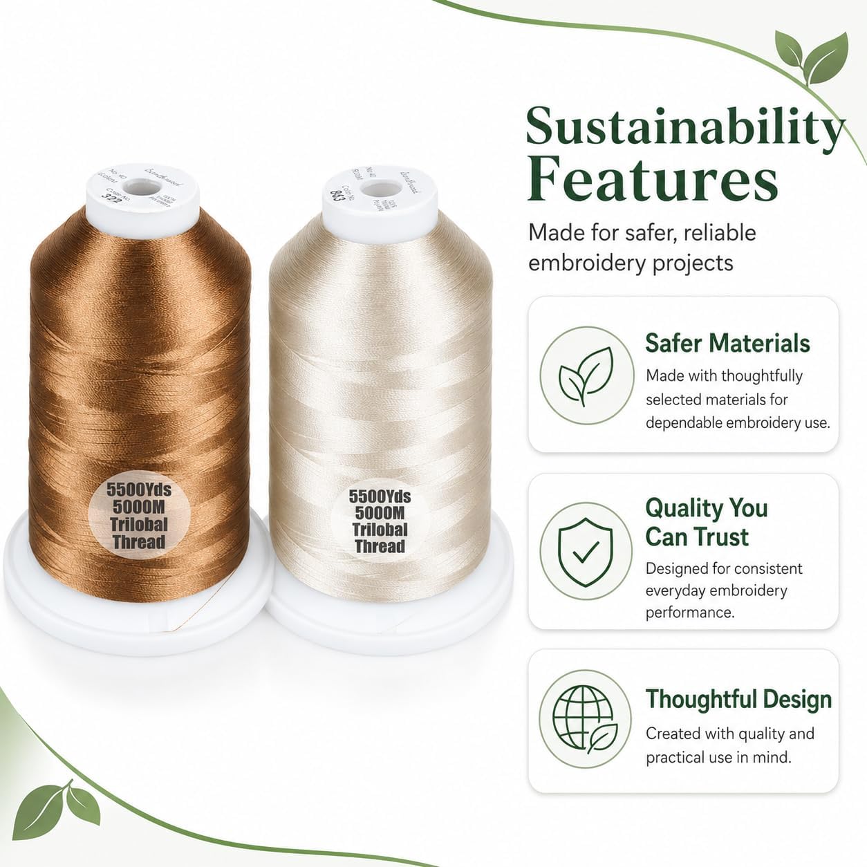 Simthread 2-Pack Trilobal Polyester Thread – 5000M (5500yds) No.40 Tangle-Free, Built-in Thread Lock Spool – Compatible with Brother, Singer, Janome & More,LightBrown323+Beige843