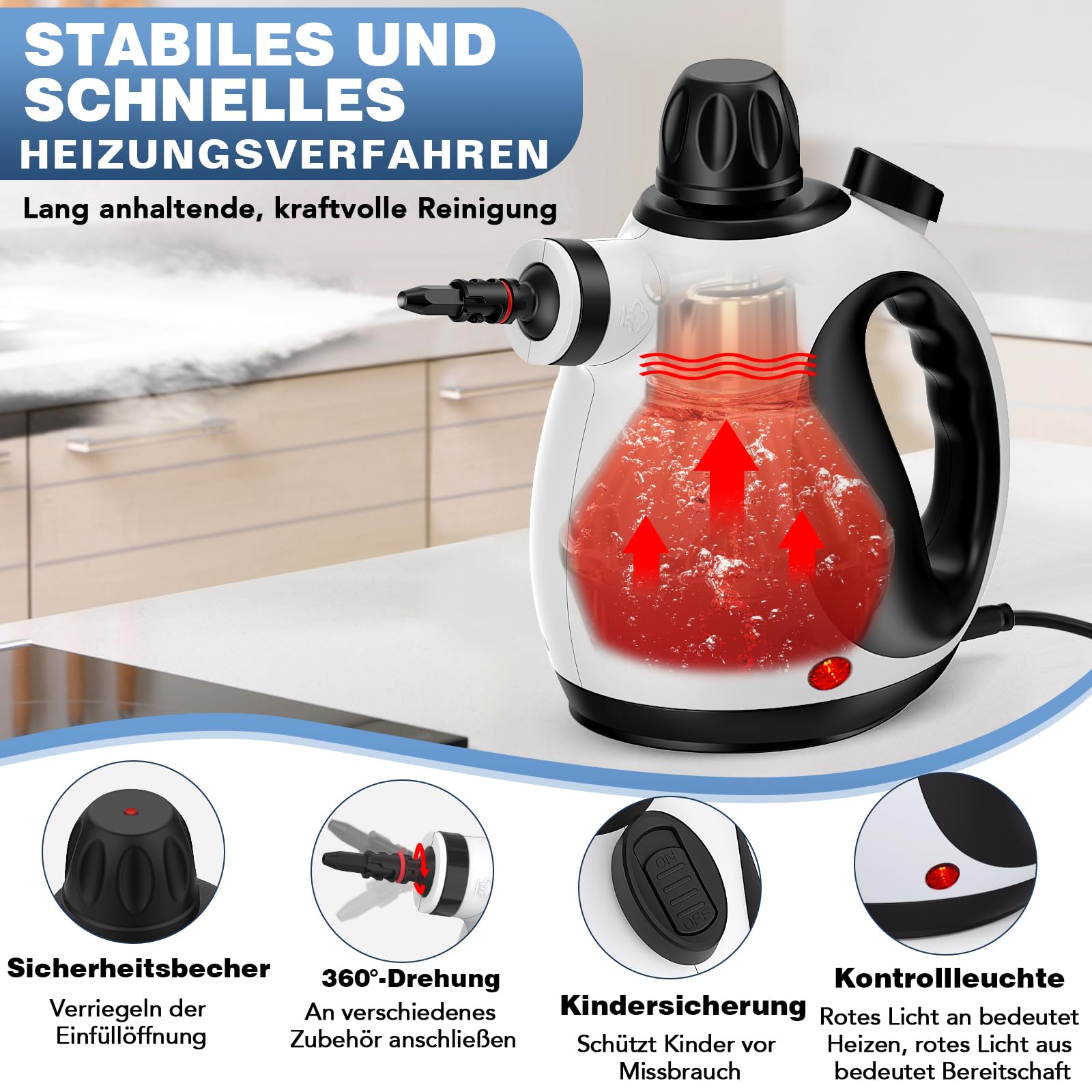 KLONA Dampfreiniger Handgerät, Steam Cleaner mit 10 Zubehör | 3 Min Schnellheizung | Tank: 350 ml | chemiefrei | Kindersicherung | Steam Cleaner | für Fliesen, Fenster, Polster, Bad