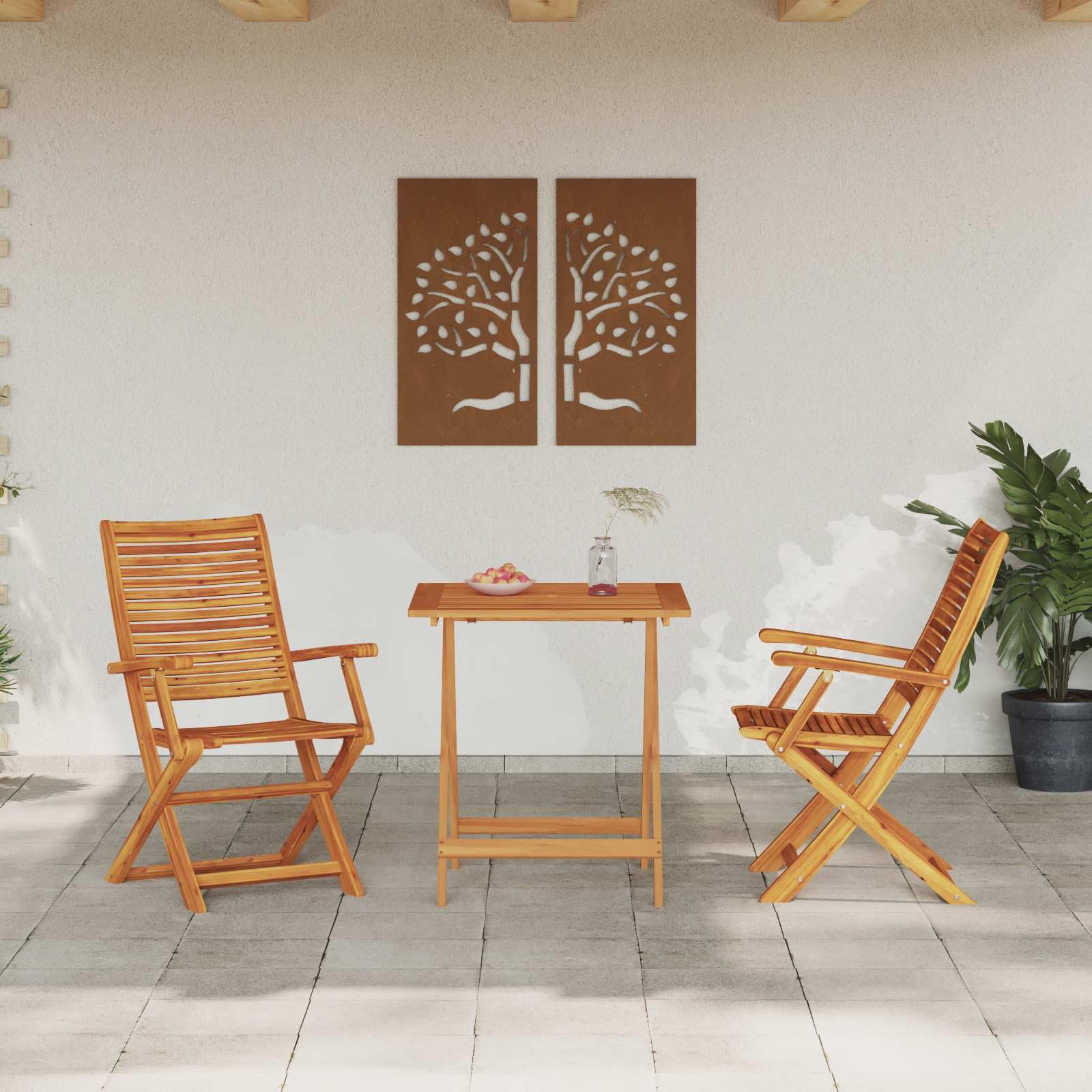 Ensemble de bistro pliante 3 pièces en bois d'acacia marron avec coussin