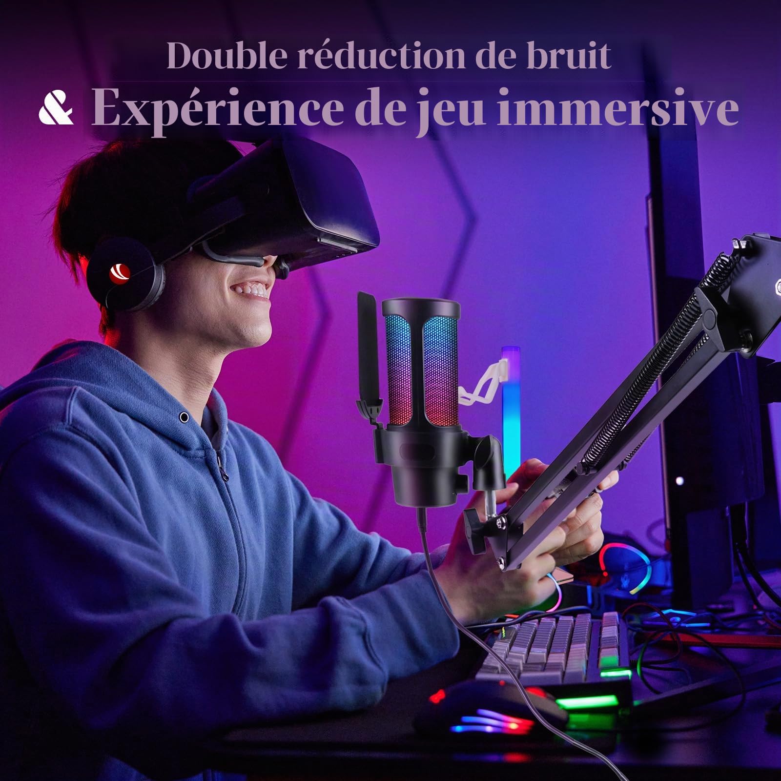 VCOM Micro Gaming avec Bras PC, RGB Condensateur Microphone avec Bruit/Muet