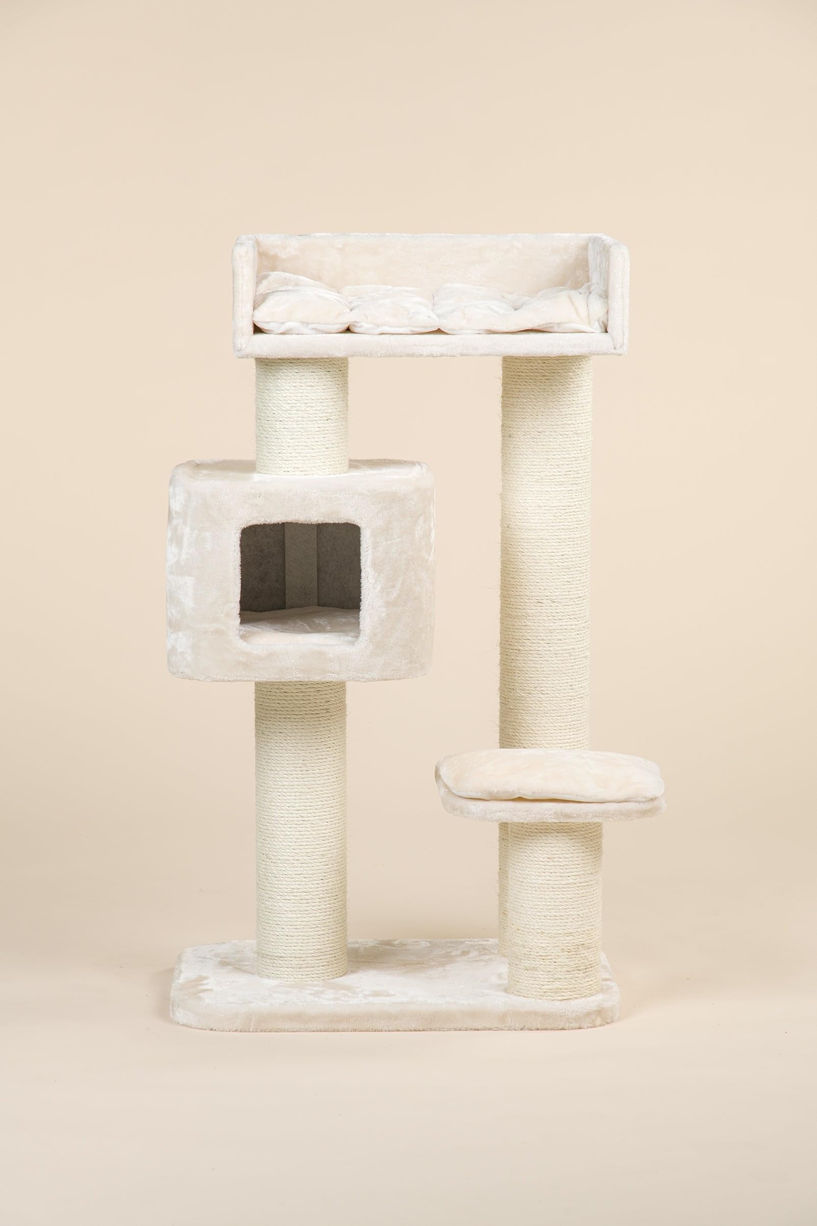 RHRQuality Árbol rascador para Gatos Grandes - Devon Rex - 120 cm de Altura - con Postes de sisal de 15 cm y casita para Jugar - Color Crema
