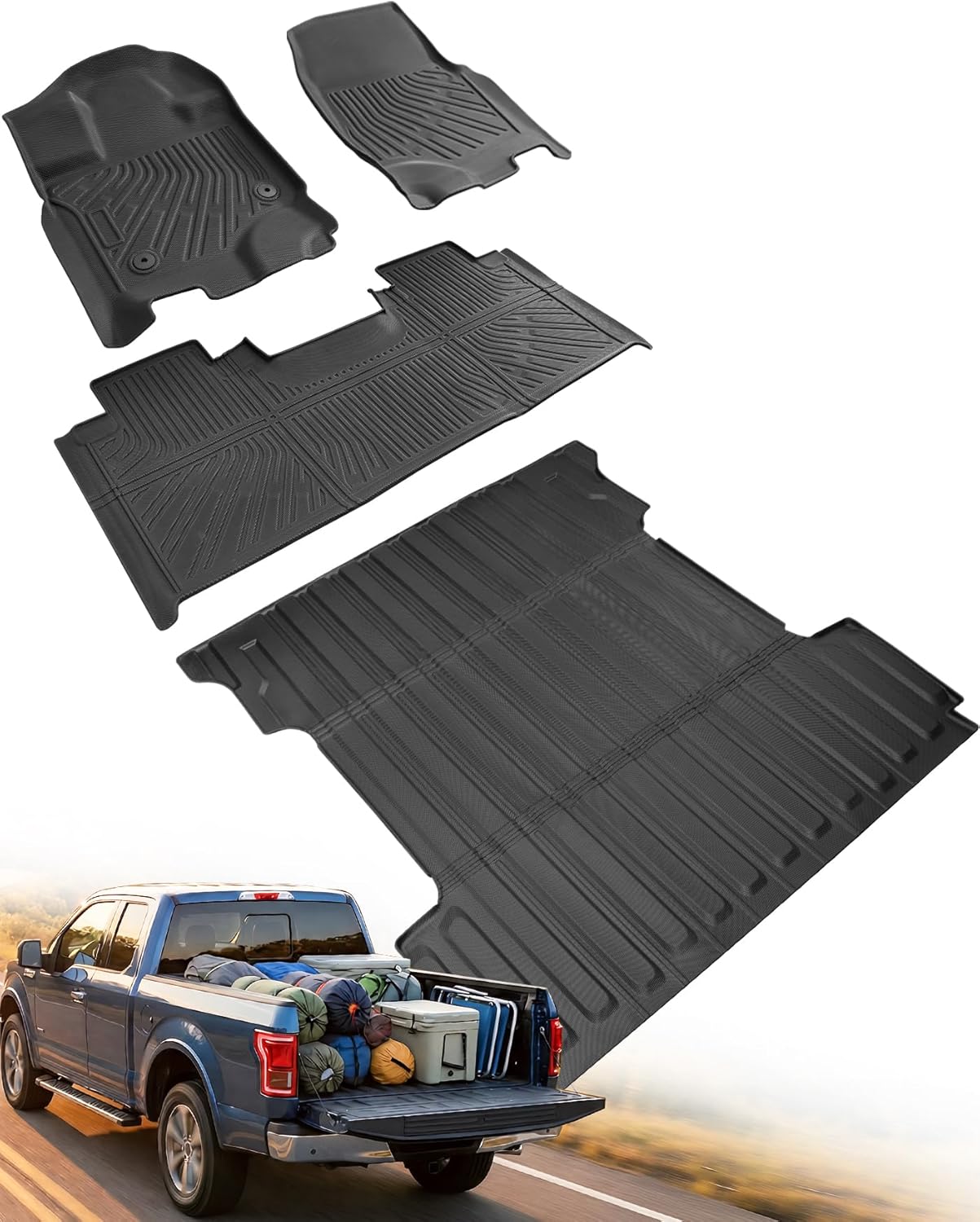 for F150 Floor & Truck Bed Mats 6.5FT: 2015-2025 2026 SuperCab/Extended Cab (Not for SuperCrew), Truck Bed Liner for Ford F150 6.5ft Standard Bed, All Weather TPE Car Accessories for Pickup Heavy Duty