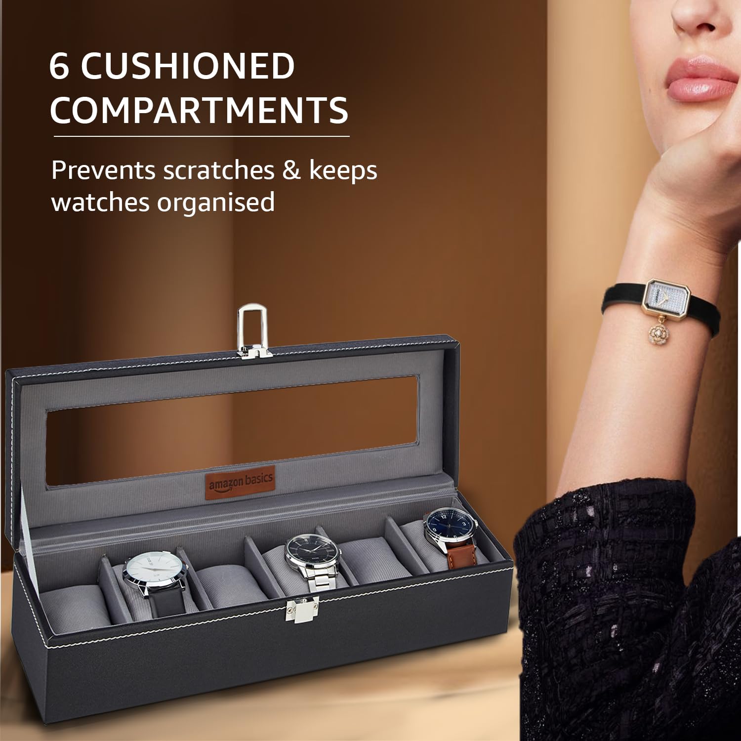 Unisex Faux Leather Watch Organiser Box with 6 Slots |Watch Organiser with Transparent Lid (Black) 3