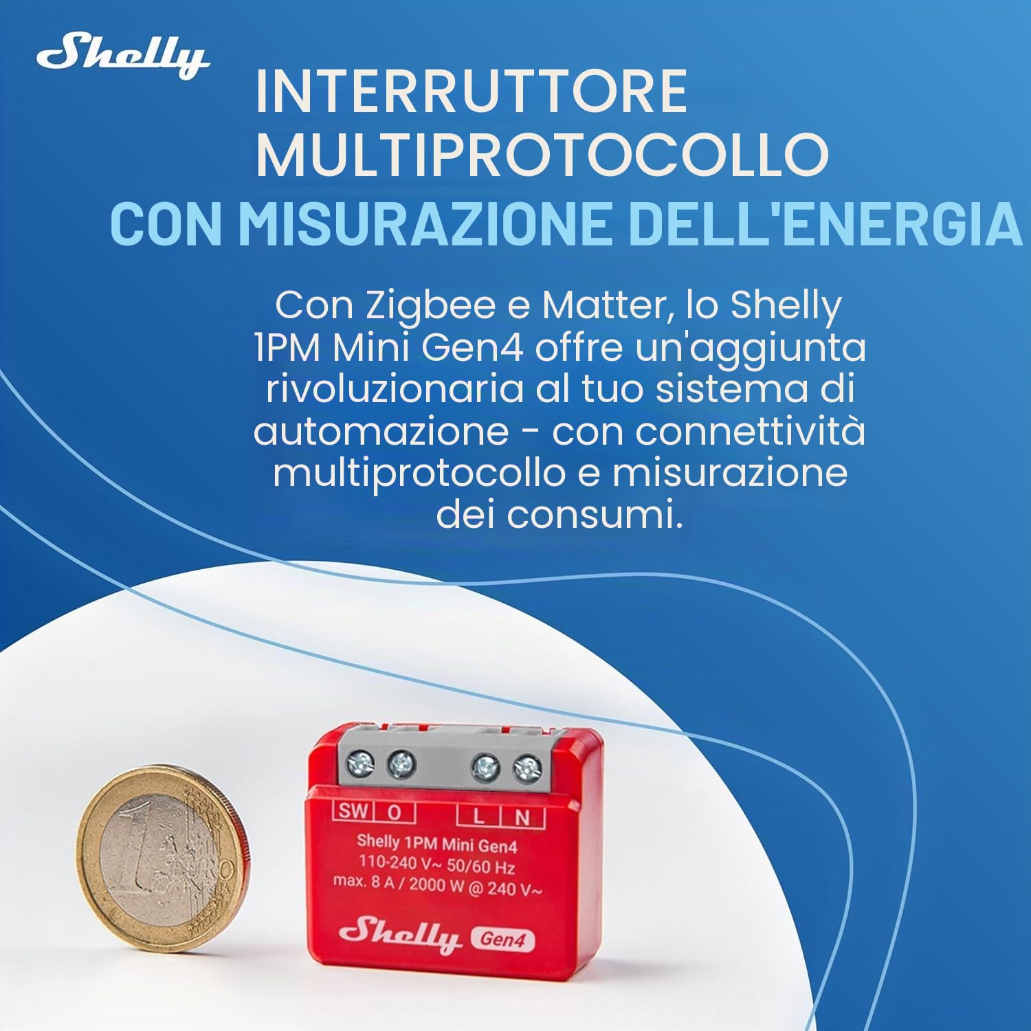 Shelly 1PM Mini Gen4, interruttore relè intelligente con funzionamento Wi-Fi, 1 canale, 8A, misurazione della potenza, automazione domestica, nessun hub necessario, Alexa, Apple HomeKit & Google Home