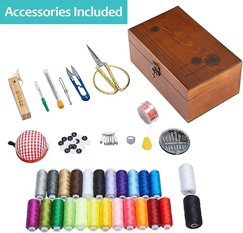 Miniatura 3 de Kit de costura, cesta de coser de madera con accesorios, caja de costura con kit de costura, accesorios para reparación del hogar, juego de