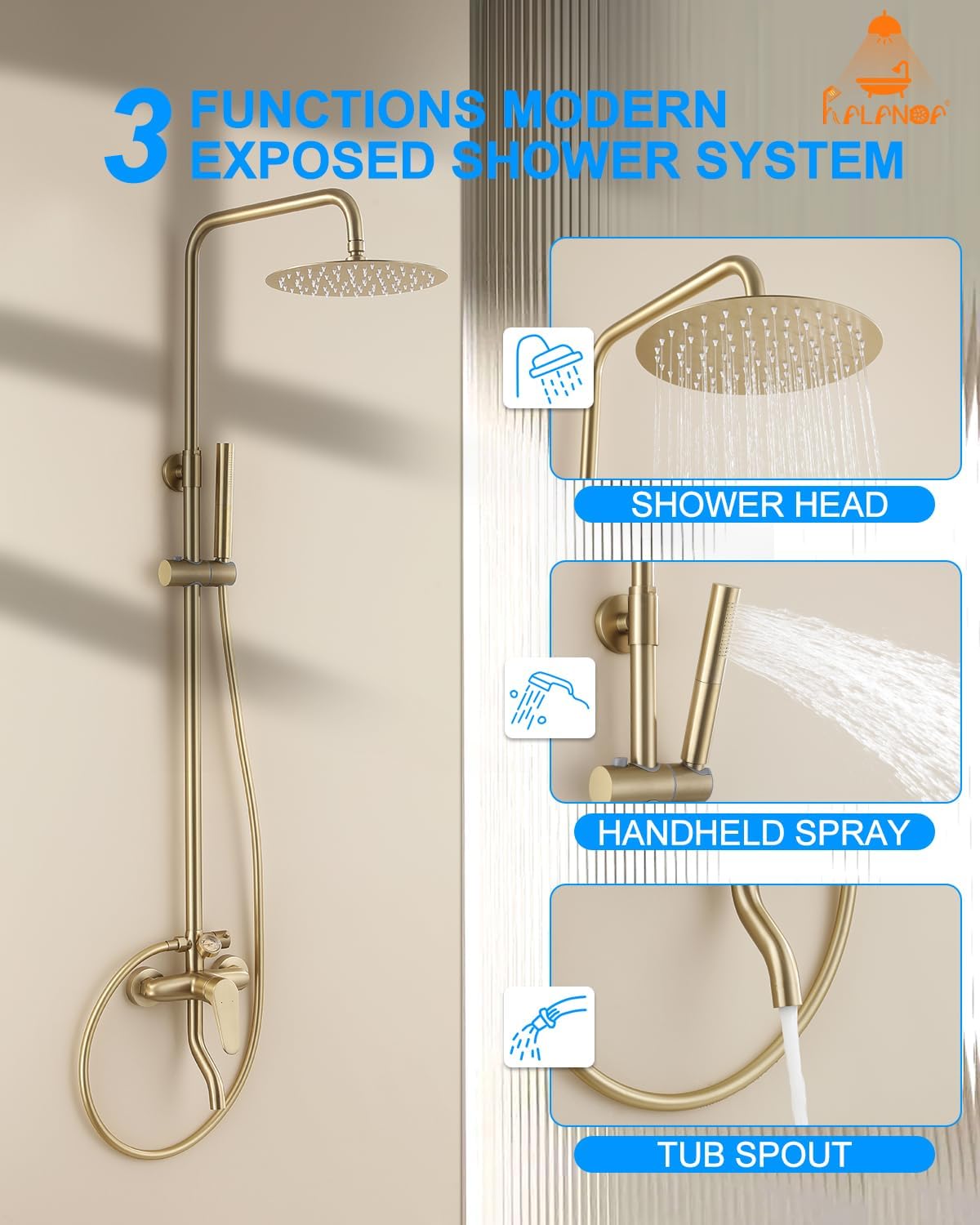 Outdoor Shower Fixture Brushed Gold,3 Functions Handle Tub Rainfall Shower Faucet Sets with Dial Thermometer Brass Valve, Exposed Shower System with 10'' Rainfall Shower Head Adjustable