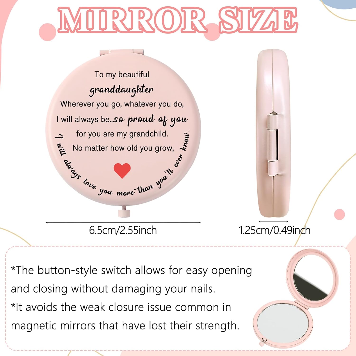 Granddaughter Gifts from Grandma Gift for Granddaughter, Pink Compact Mirror Makeup Mirror Pocket Purse Accessories Magnifying Portable Travel Mirrors, Granddaughters Gifts from Grandparents - Image 2