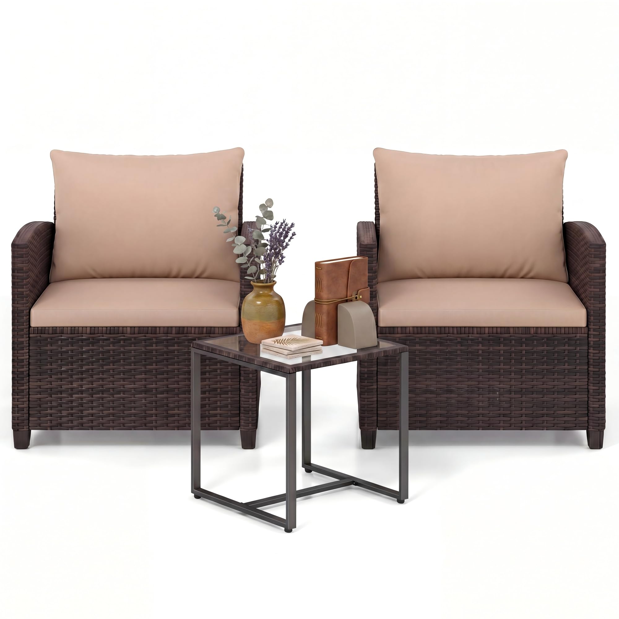 GIANTEX Juego de Muebles Jardín Exterior 3 Piezas, 2 Sillones con Cojines y 1 Mesa de Café de Vidrio, para 2 Personas, Conjunto de Conversación para Balcón, Terraza, Patio (Marrón+Café)