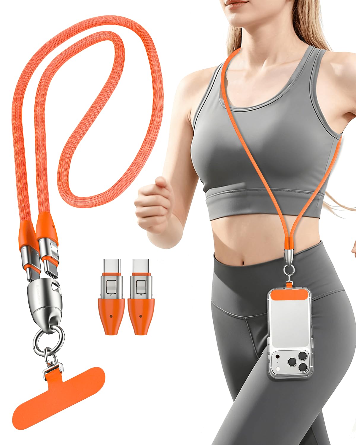 EndlesShine Handyband Universal 1,2m mit Integriertem 240W USB C auf USB C Ladekabel, Handygurt aus Nylon Kompatibel Handykette, USB C Kabel PD 3.1 Schnellladekabel für Smartphones (1 Stück Orange)