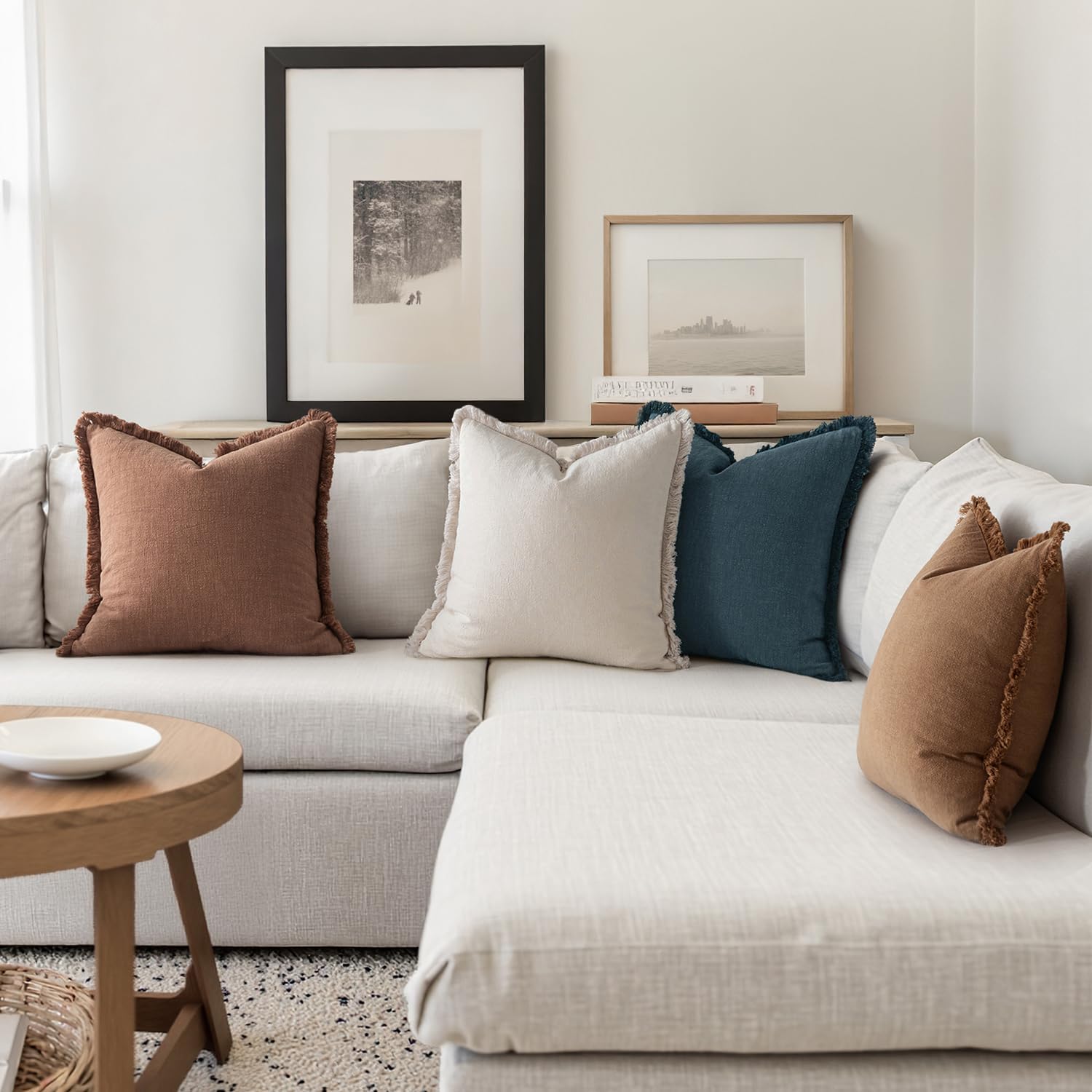 MIULEE Decorative Couch Pillow Covers Neutral Linen Fringe Throw Pillows Set of 4 Modern Rustic Cushions Boho Farmhouse Pillowcases for Bed Sofa Living Room Spring Decor 18x18 Inch Beige/Brown/Blue - Image 4