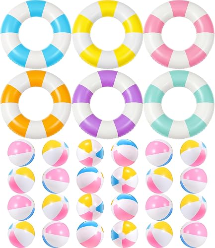30 Pcs Inflatable Pool Float, 6 Colors Retro Striped Swim Rings Swimming Pool Tubes with 24 Pcs 9.8" Beach Balls for Adults Summer Beach Bachelorette Party