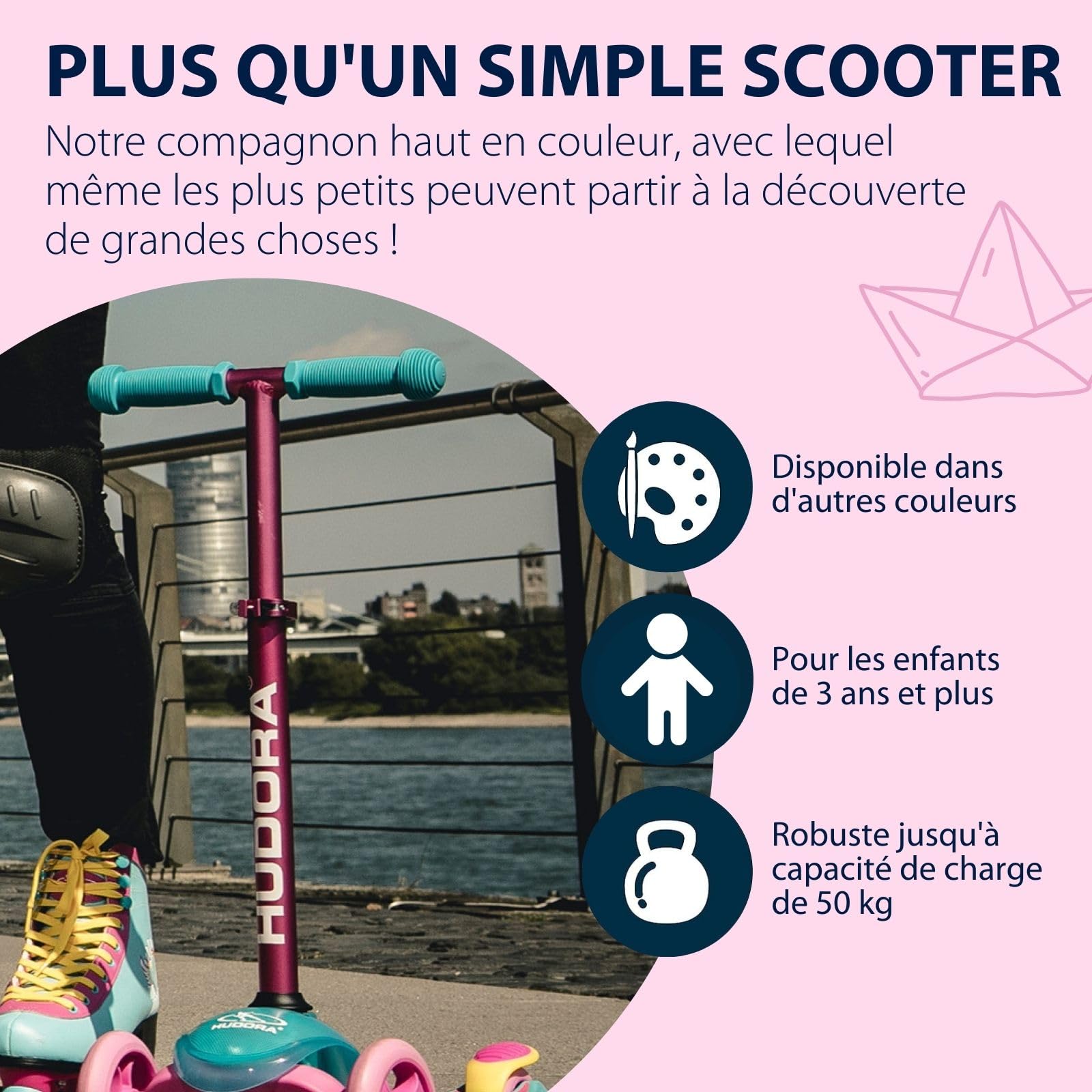HUDORA Scooter Flitzkids 2.0 - Trottinette Stable avec Une Grande Plateforme - Réglable en Hauteur et transportable - Mini-Trottinette à Trois Roues en Aluminium pour Enfants jusqu'à 50kg - Wonders