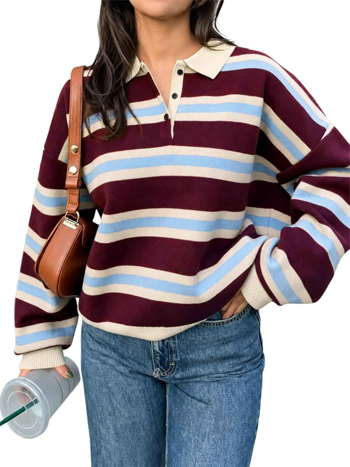 Tankaneo Sweaters for Women Striped Polo Sweater Casual Pullover Knit Tops Button V Neck, Long Sleeve, Drop Shoulder, Color Block, Collared Sweaters, Soft, Cozy, Trendy, Fall Outfits, Winter Clothes