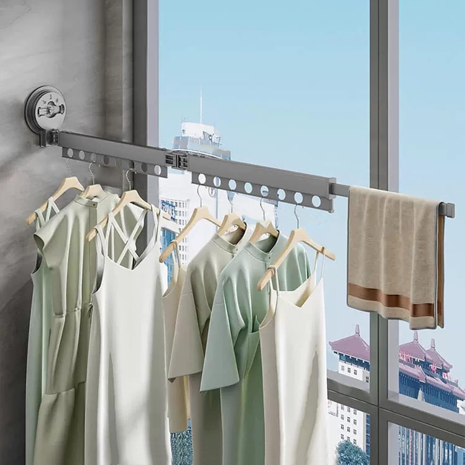 Clothes Horse Clothes Airer Clothes Drying Rack Wall Mounted with Suction Cup,Movable Clothes Hanging Rack,Retractable Laundry Rack,Can Be Sucked On Window Glass,RV Glass,Noir 129.5cm
