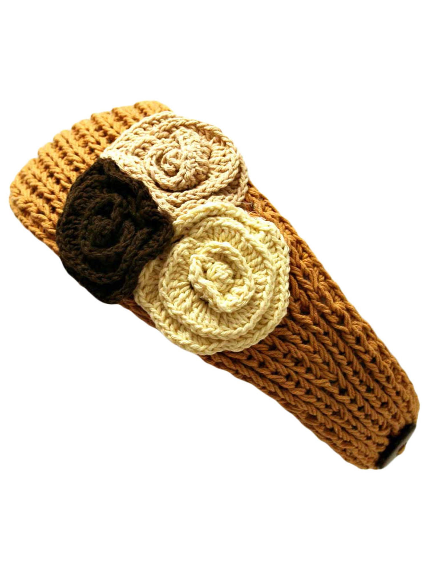 Luxury Divas Tan Crochet Headband With Three Knit Flowers