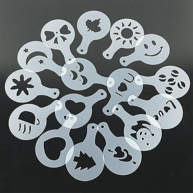 16Pcs Coffee Stencils Plastic Coffee Decorating Stencils Barista Cappuccino Arts Garland Mould Cake DIY Decorating Tool for Kitchen and Store Cappuccino Arts Templates