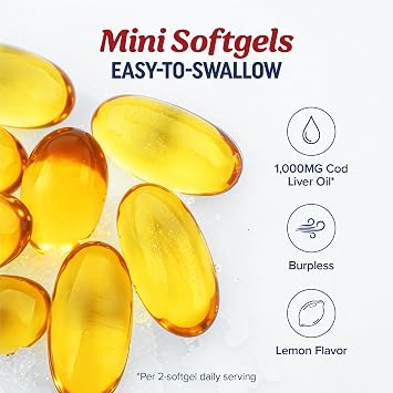 Cod Liver Oil Softgels 1000MG, Omega 3 + VIT A & D3, Wild Caught, Icelandic | Molecularly Distilled, Third-Party Tested, EPA DHA Omega 3 Supplement for Bone Eye & Immune Health, 60 Cod Liver Oil Softgels