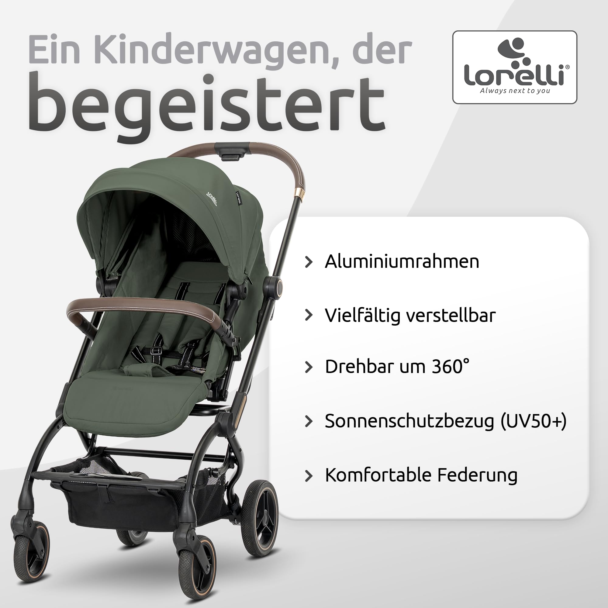 Lorelli Kinderwagen 360 Grad drehbar, Sport Buggy klein zusammenklappbar, bis 22kg, Alu-Rahmen, Grün