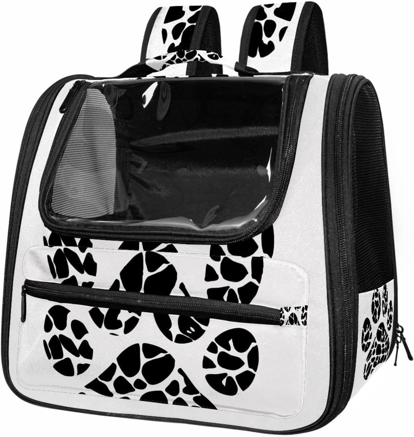 Cat Backpack Carrier for Small Dogs Cats, Soft-Sided Pet Carrier Backpack with Ventilated Mesh Windows and Safety Leash, Black Paw Leopard Print Silhouette on White Background