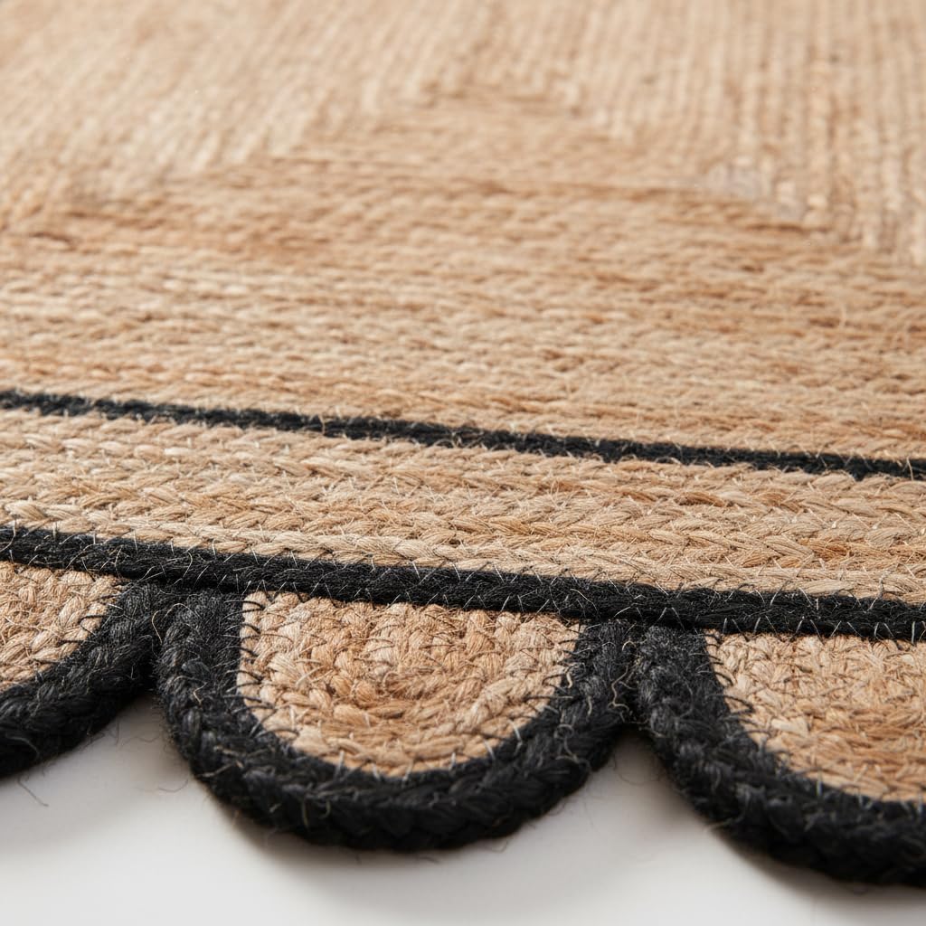 Braided Scalloped Jute Rug Natural with Black Trim, Handmade Farmhouse Boho Area Rug for Entryway, Kitchen, Hallway, Living Room, Bedroom, Rustic Woven Floor Rug - (Black- 3X5 ft)