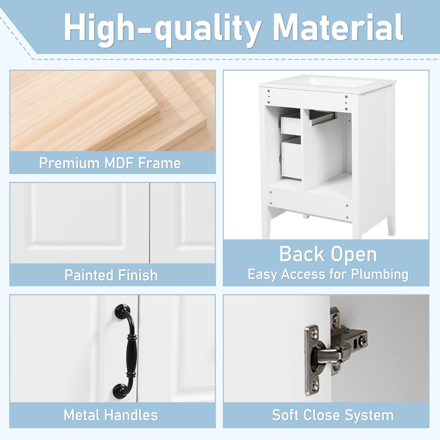 24 Inch Retro Bathroom Vanity with Sink & Storage - Freestanding Small Sink Cabinet Featuring Soft-Close Drawers, Ceramic Basin, Vintage Handles, and Open-Back Plumbing Access, White