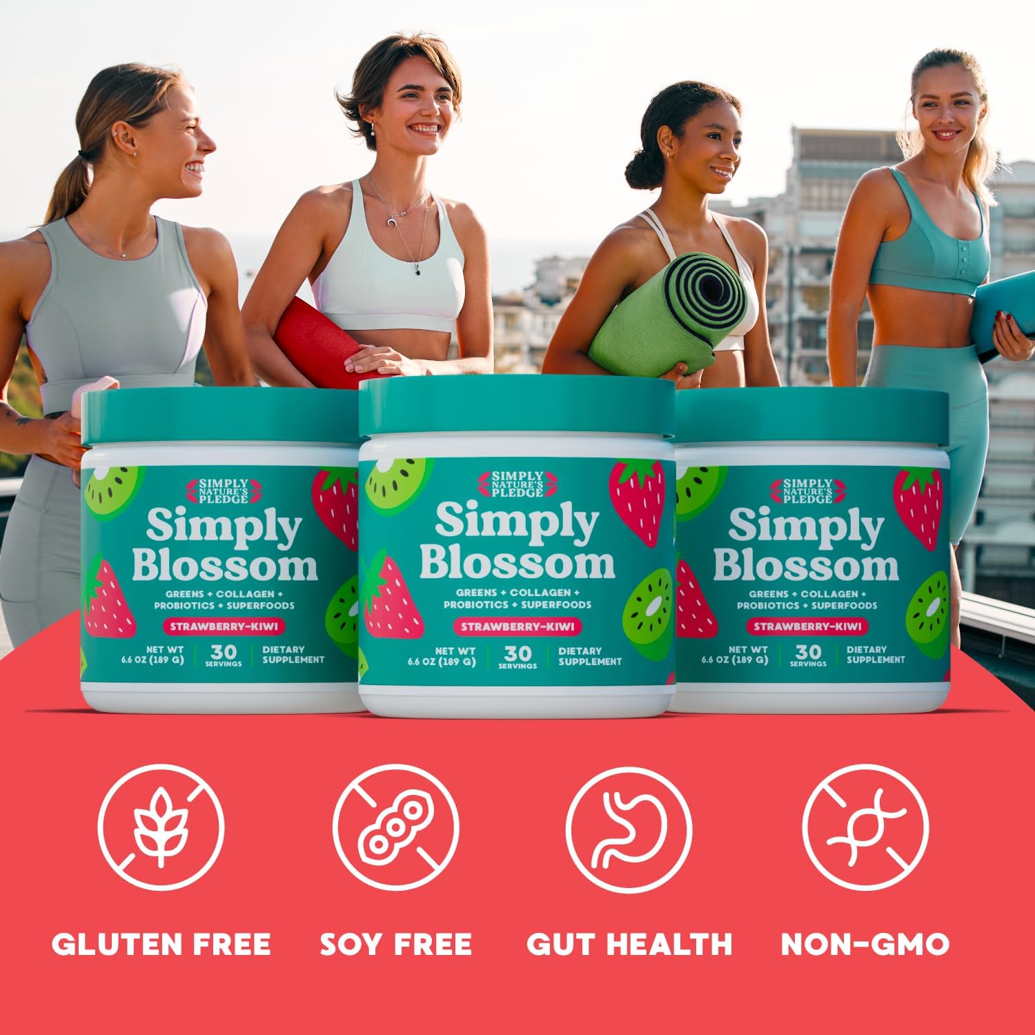Simply Blossom Nutrition Daily Greens & Superfood Powder + Collagen + Probiotics for Women's Digestive Health & Bloating Relief. Help Your Health Bloom - 30 Day Supply - Strawberry Kiwi